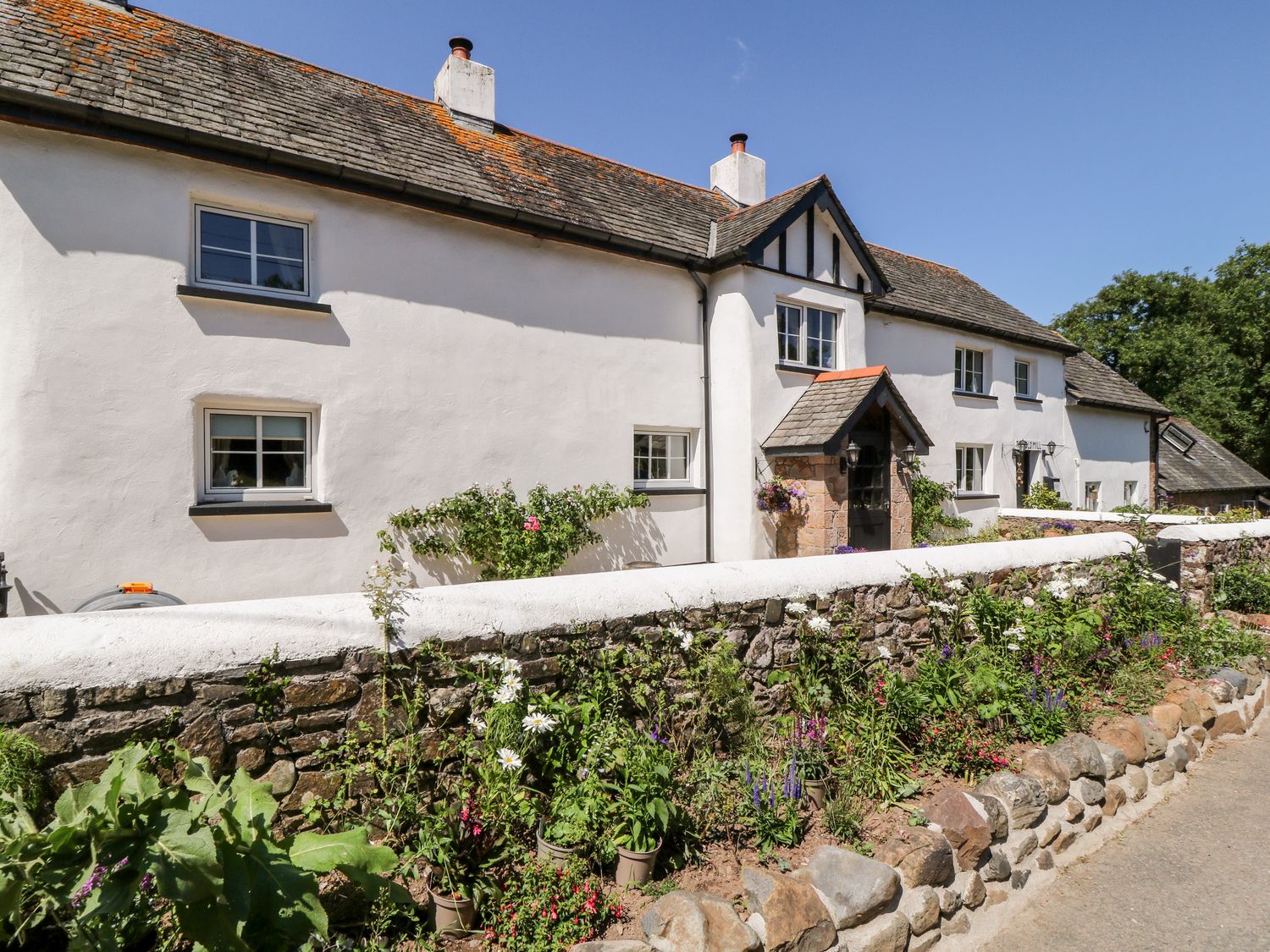A white painted stone cottage with a slate roof and garden plants behind a stone wall at The Old Mill Holiday Cottage in Jacobstowe near Okehampton