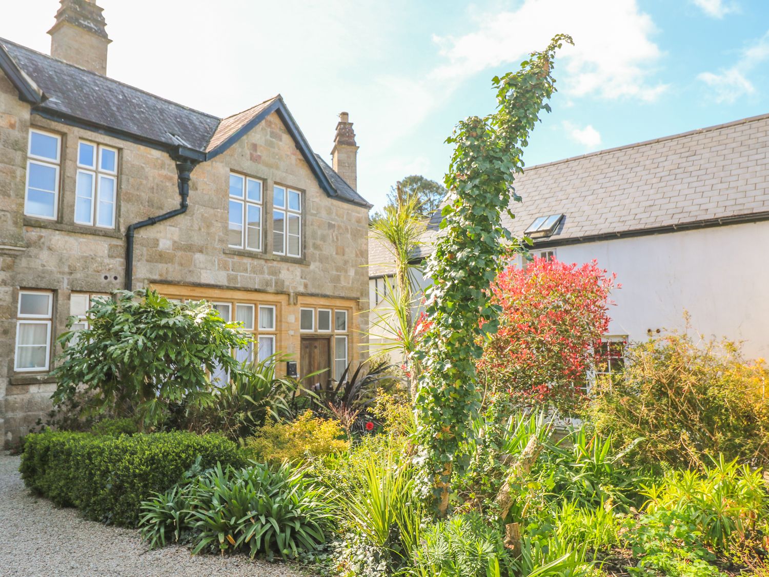 A garden with various plants and shrubs in front of a stone house and a white building at Surf Song in Penzance