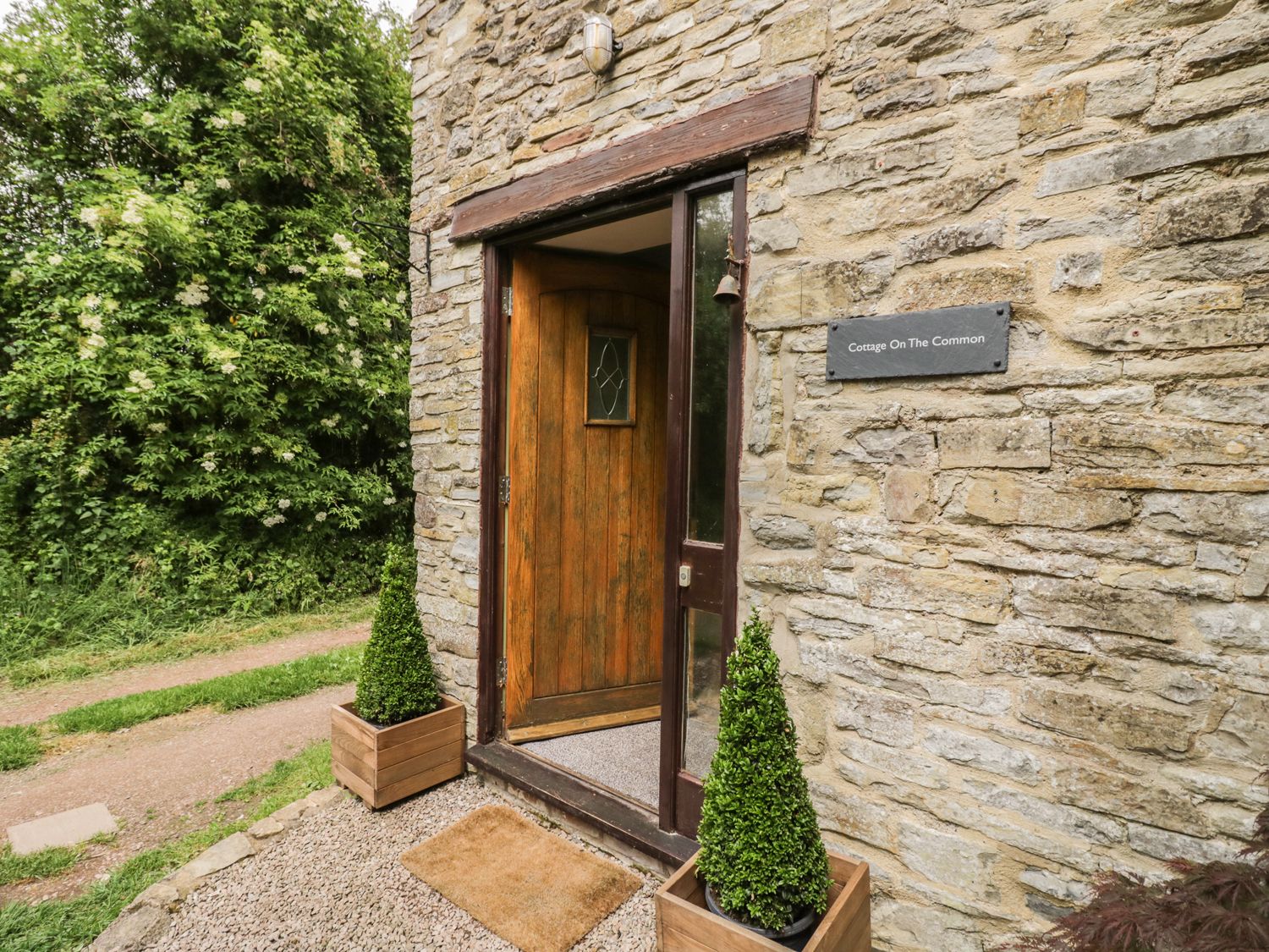 An open wooden door on a stone wall with two potted conical plants on either side at Cottage on the Common in Westbury-on-Severn
