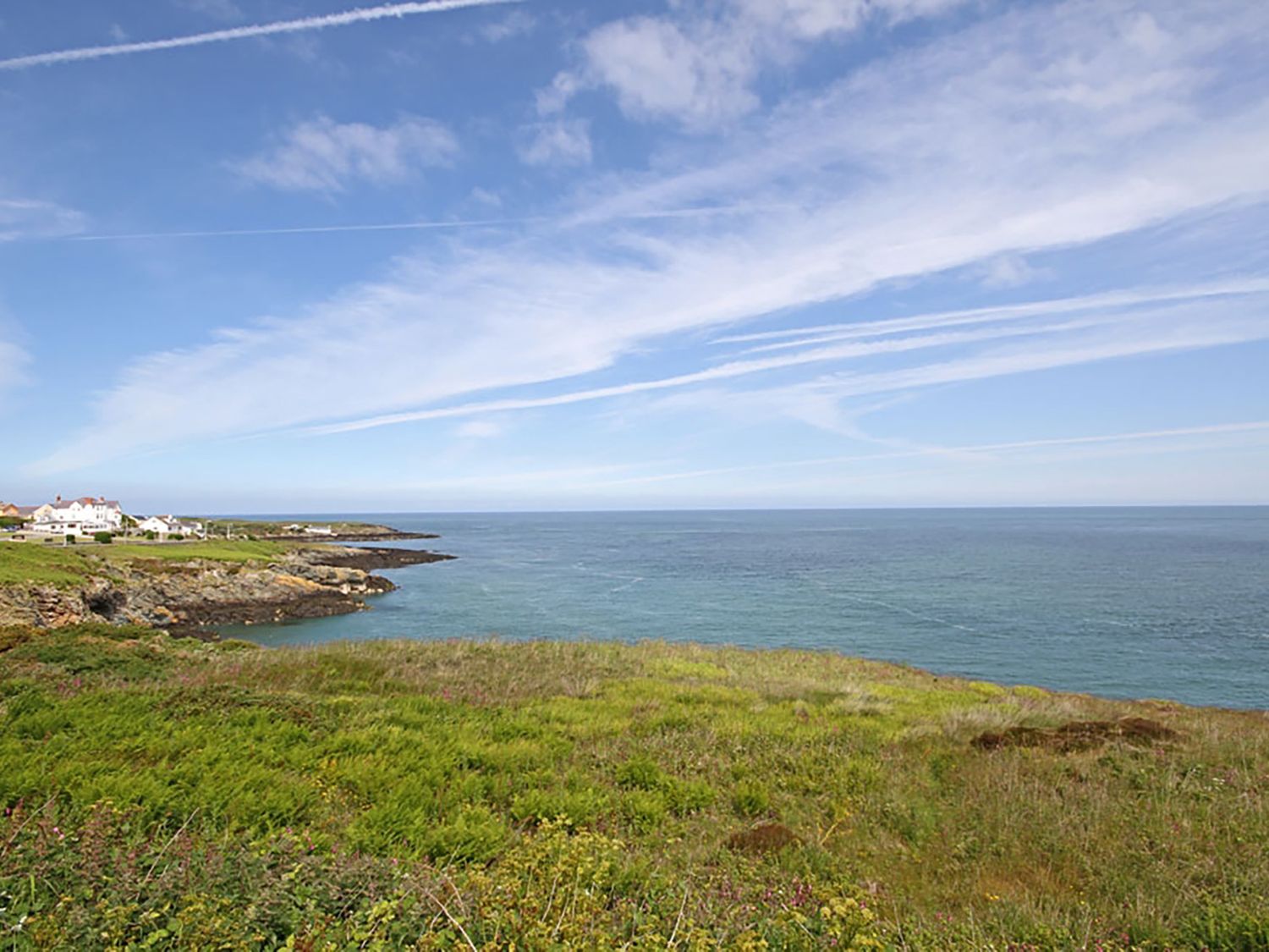 A coastal landscape with grassy cliffs and houses near the shoreline at Tyn y Mynydd in Bull Bay