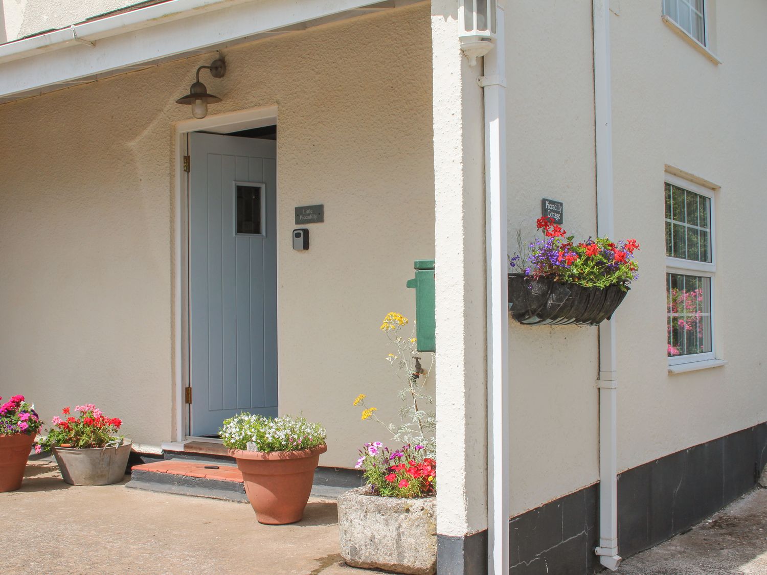 The entrance of a cream colored house with a blue door and several flower pots outside the door at Little Piccadilly in Coles Cross near Kingsbridge