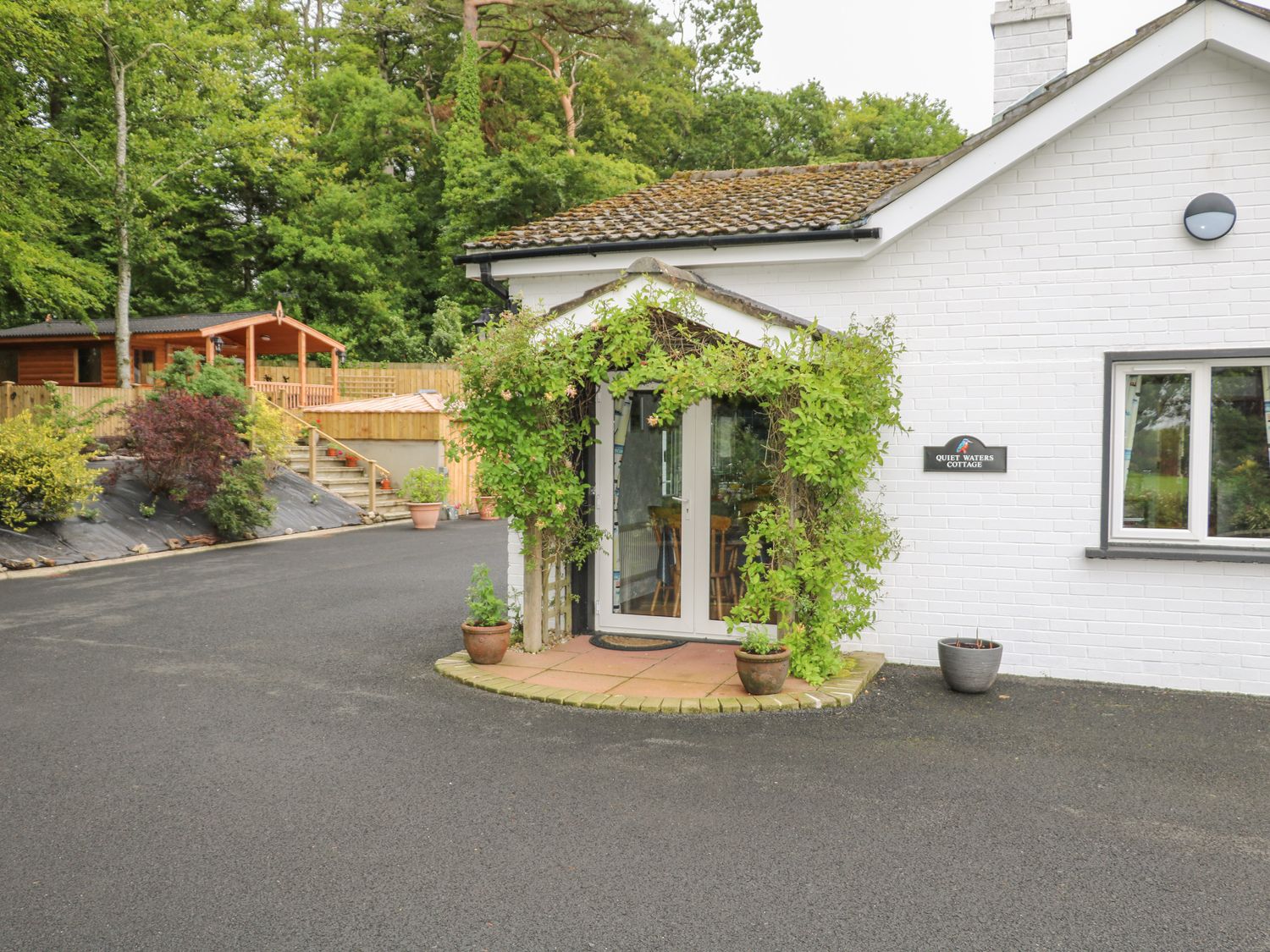 Front entrance of a white brick cottage with climbing plants over the door and potted plants nearby at Quiet Waters Cottage in Loughan near Coleraine