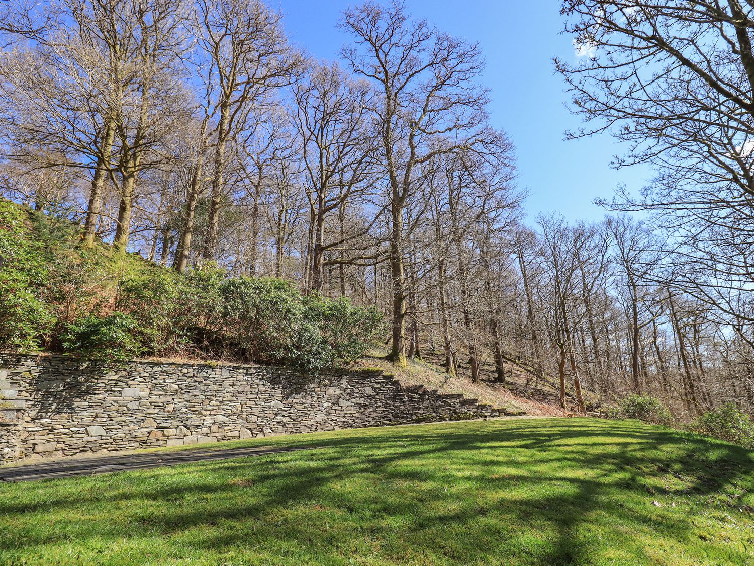 A grassy area with a stone retaining wall and bare trees on a hillside under a blue sky at The Stables in Ambleside