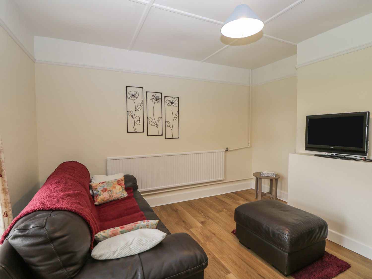 A living room with a leather sofa covered by a red throw cushions a footstool a small table with tissues a wall-mounted TV and framed floral wall art at The Anchorage in East Pennard near Ditcheat