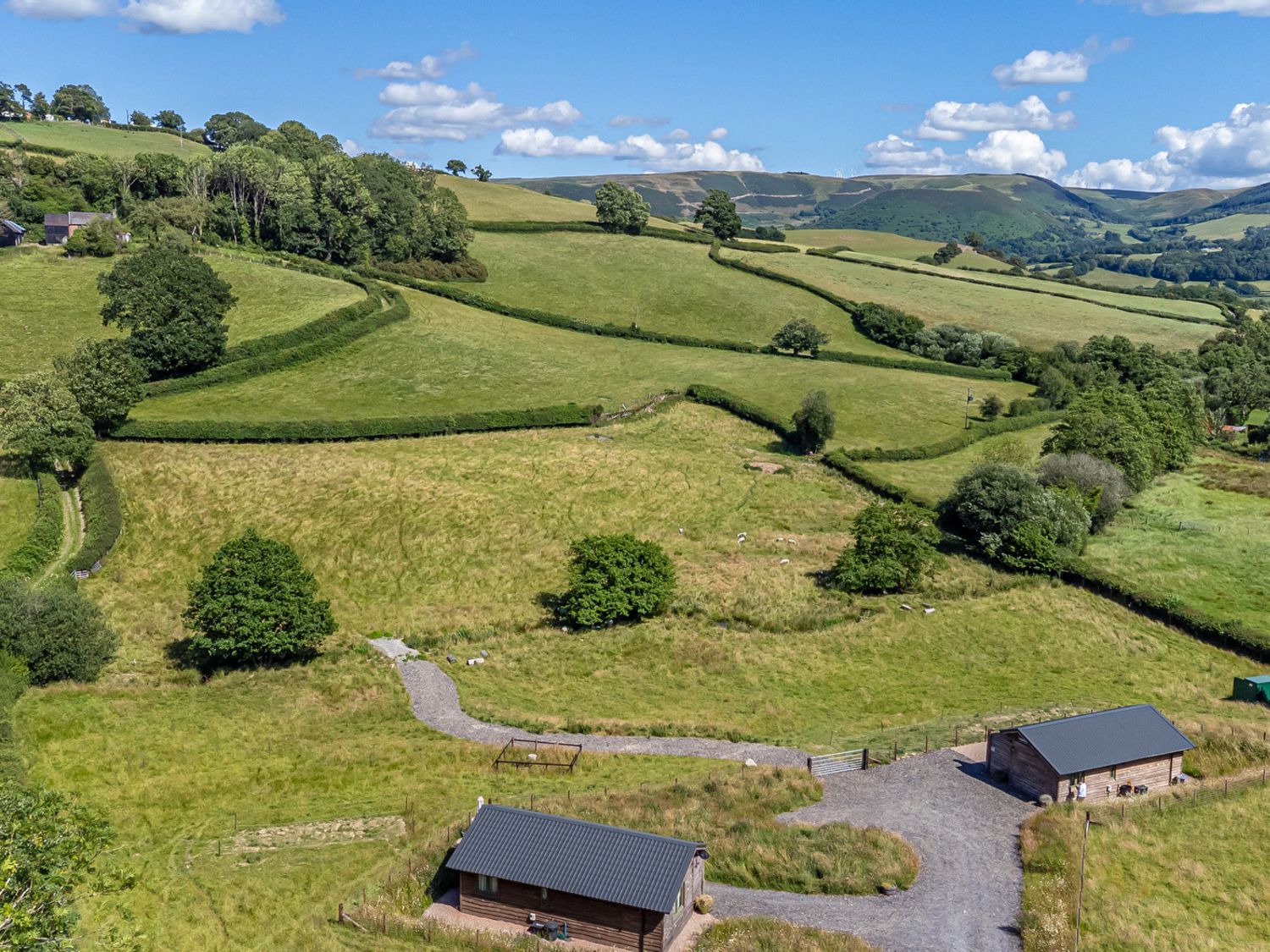 A view of fields and trees at Birch Banc Retreats - Bedw Llanidloes