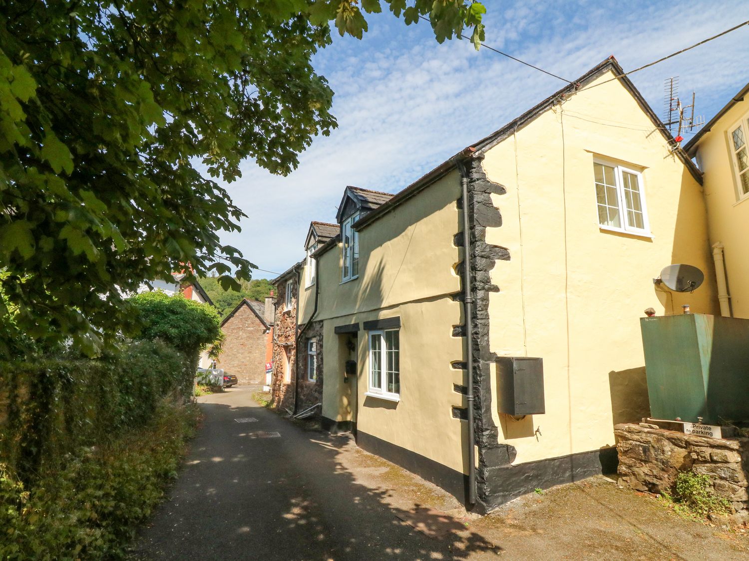 A narrow street with yellow cottages and greenery at Proffitts Cottage in Dulverton