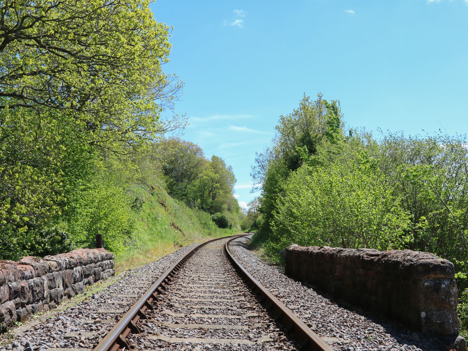 Railway tracks with stone walls covered by trees and bushes under a clear sky at Little Barton in Stogumber near Watchet