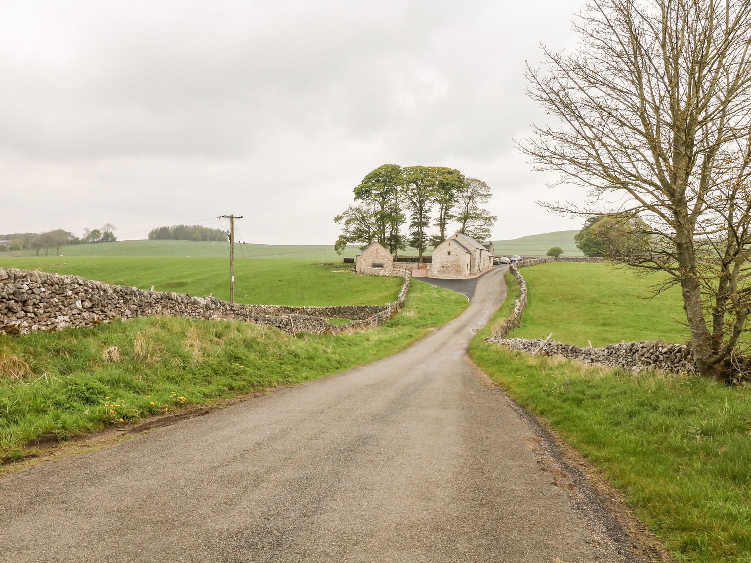 A country road leading to stone buildings surrounded by green fields and stone walls at Owls Barn in Coldeaton near Hartington