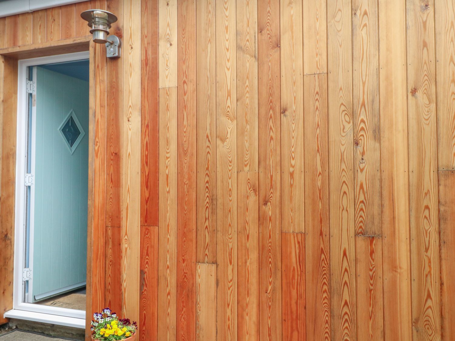 A wooden exterior wall with an open door showing a light blue interior door and a pot of flowers outside at Driftwood in Kelynack near St Just