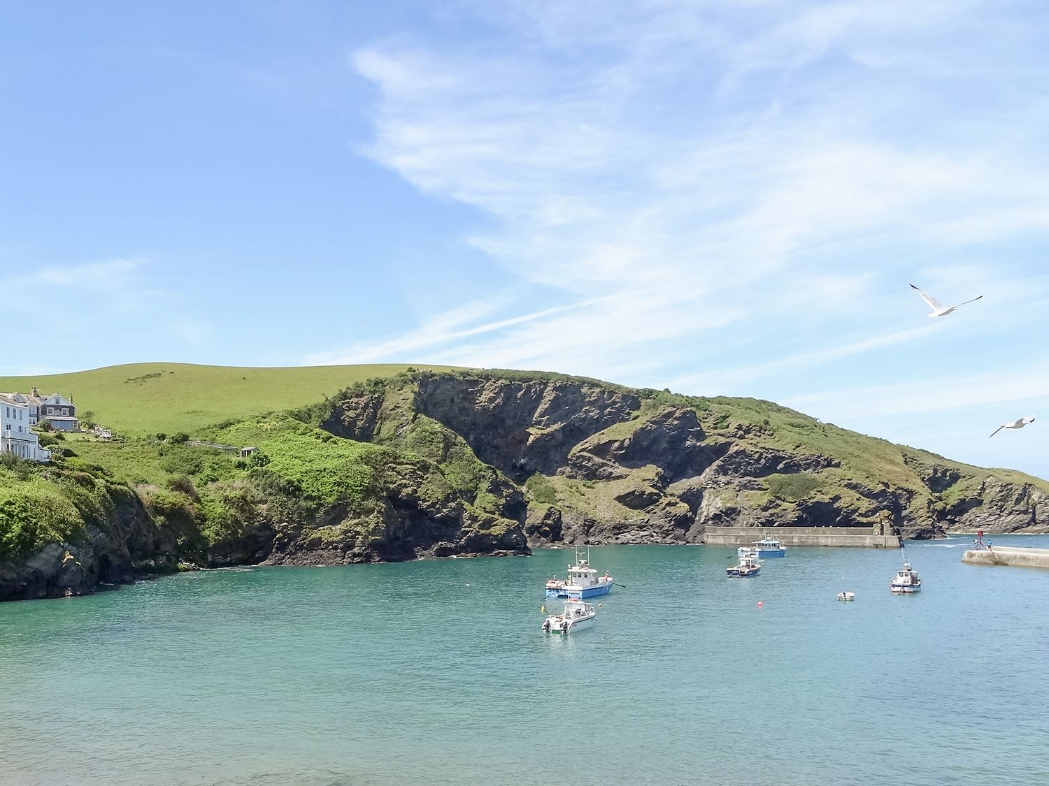 A coastal scene with boats on water and green cliffs with houses at Kelmscot in Trelights