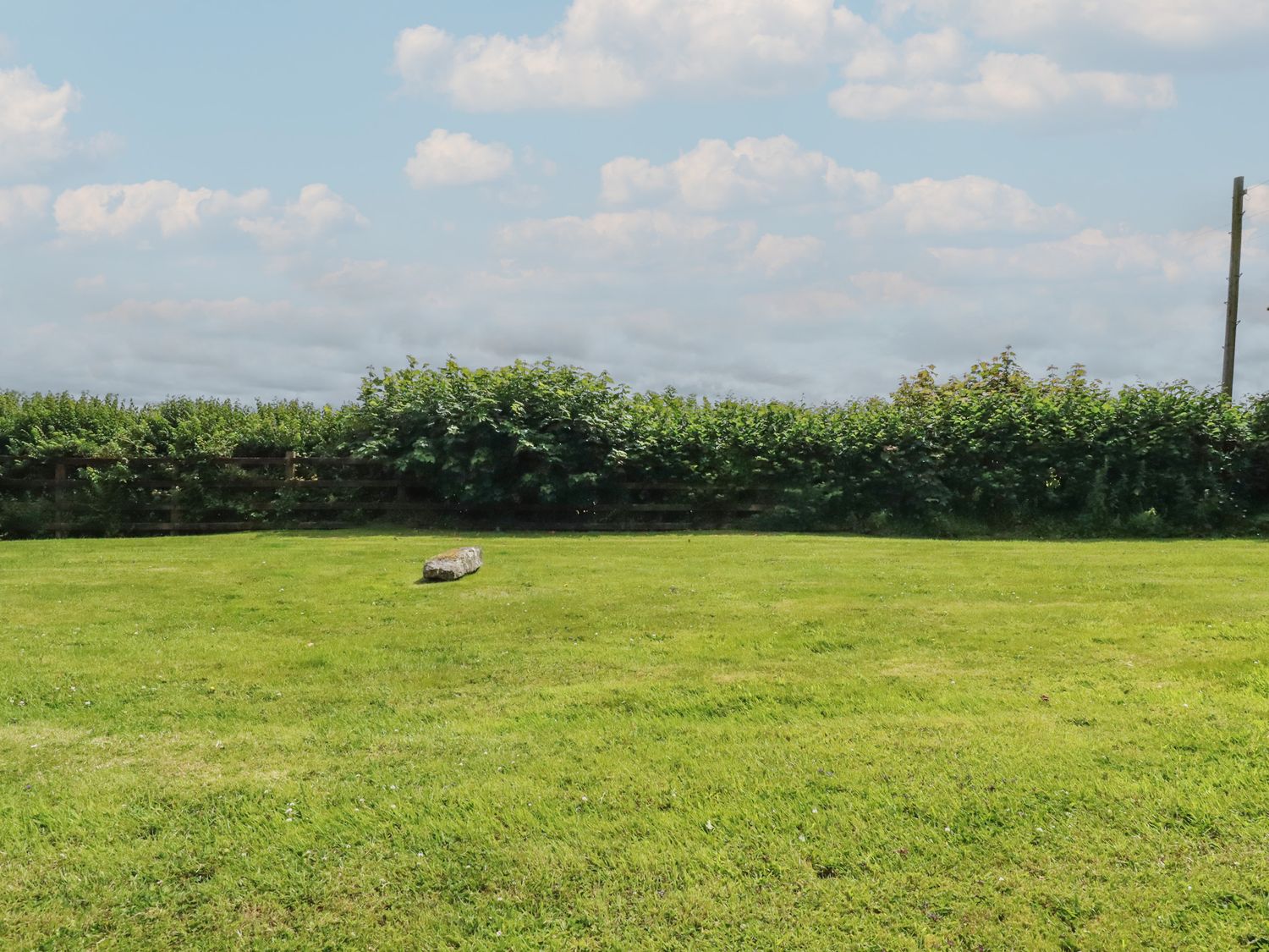 A grassy field with a wooden beam on the ground and a hedge in the background at Bray Cottage in St Wenn near Winnard's Perch