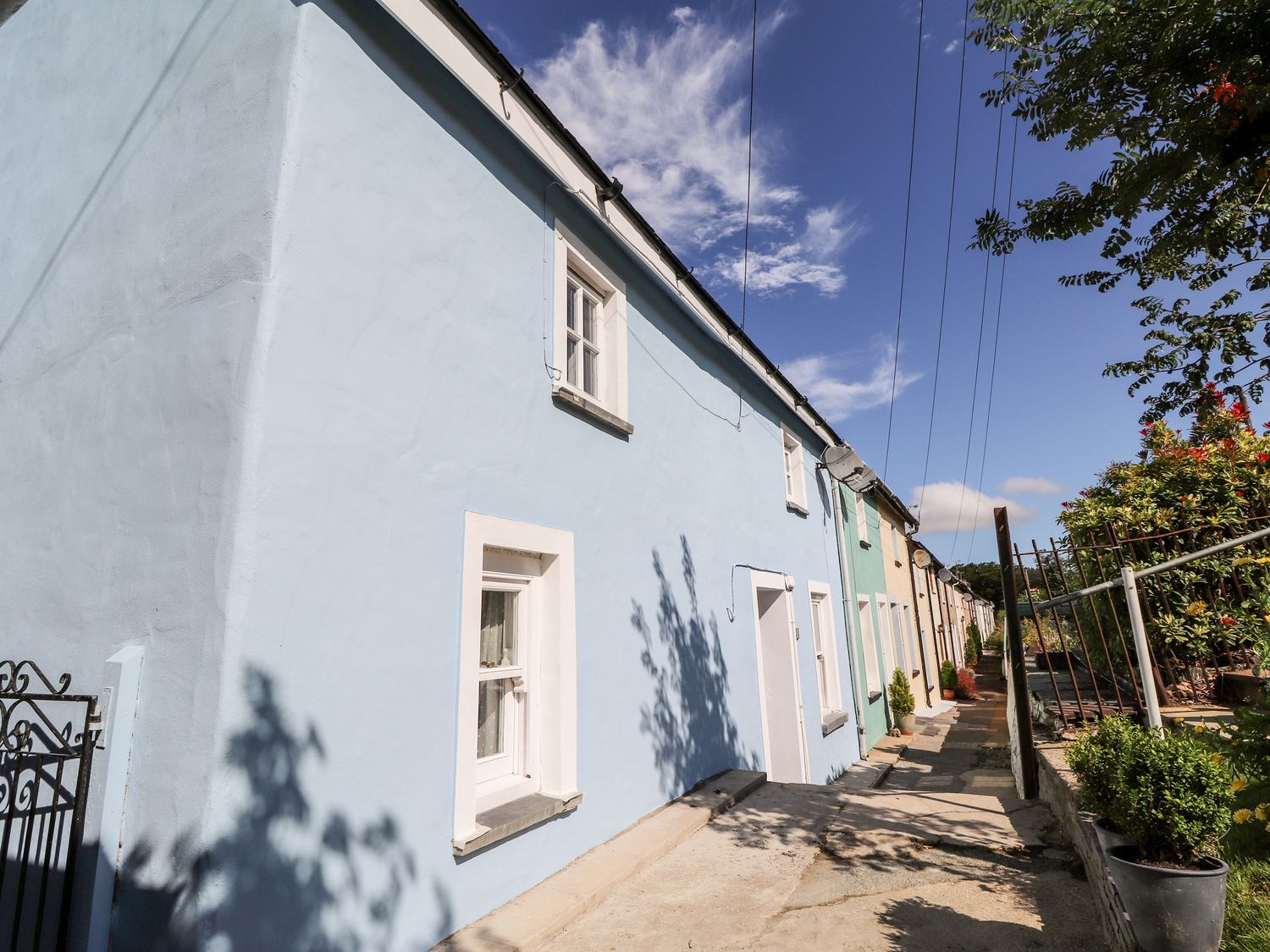 A row of terraced houses painted in pastel colors along a narrow sidewalk with potted plants at 1 The Terrace Rosebush near Newport Pembrokeshire