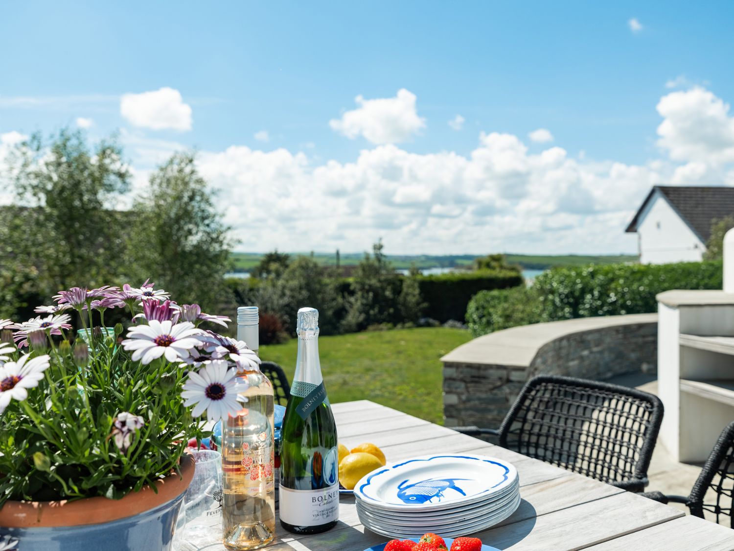 An outdoor table with flowers bottles plates and strawberries with a garden and house in the background at Landers Field in Rock