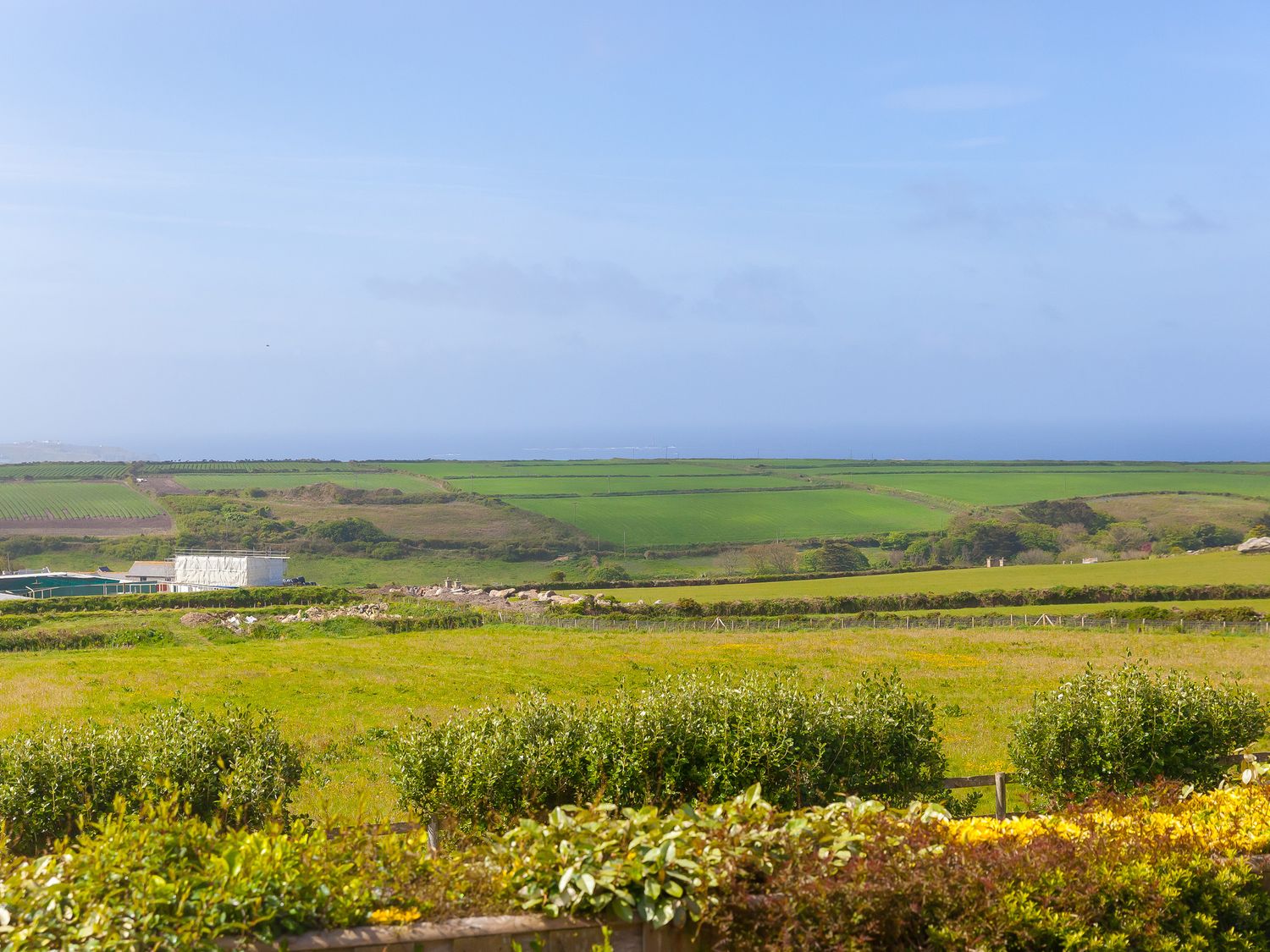 Green fields and bushes with a distant view of the sea at Broadlands in Bosavern near St Just