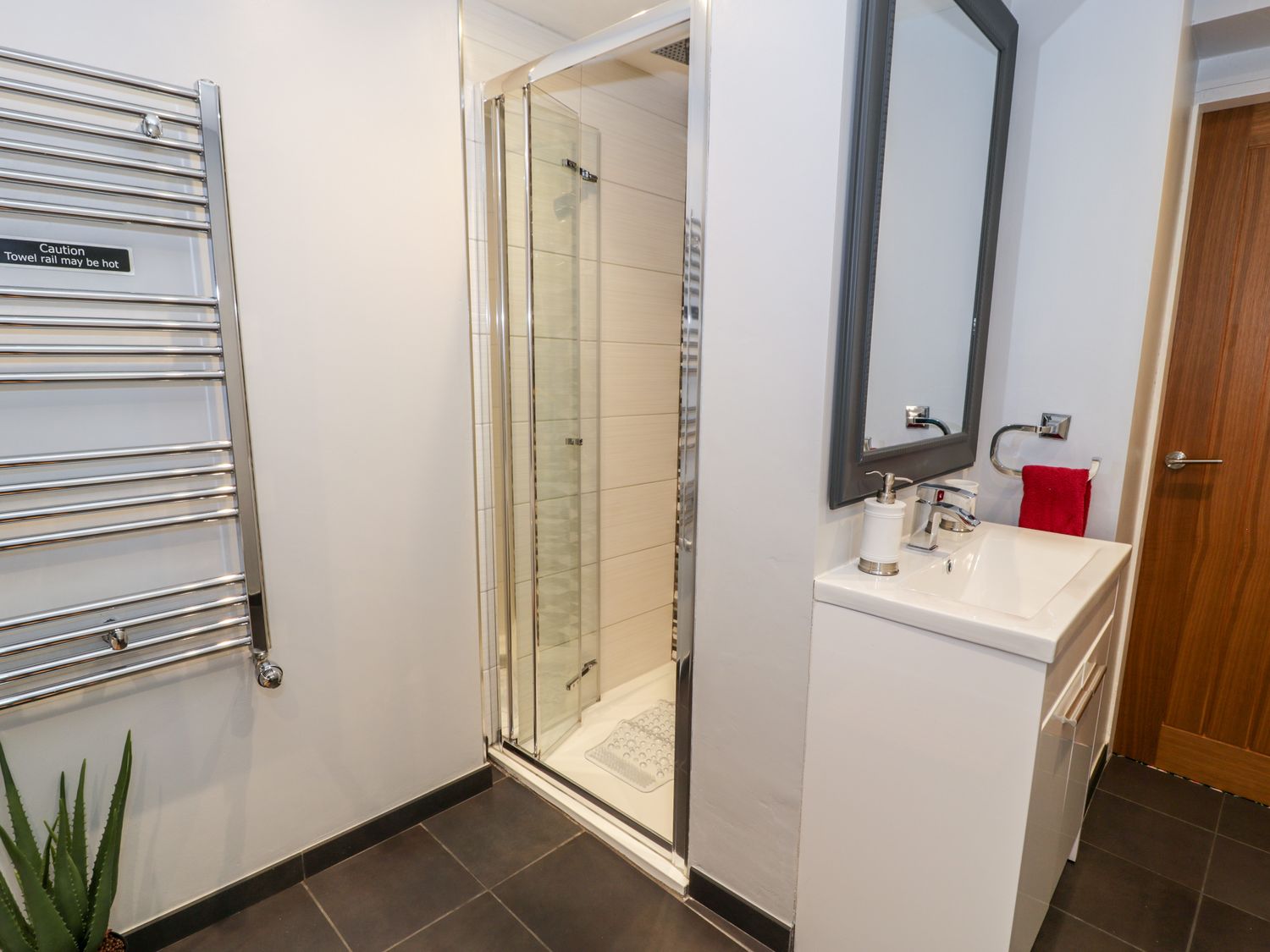 A bathroom with shower cabin sink mirror towel rail and a wooden door at The Chalet in Benllech