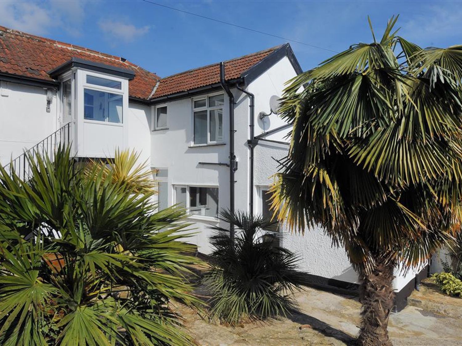 White house with tiled roof and several palm trees in front at Hatchett Top Flat in Lyme Regis