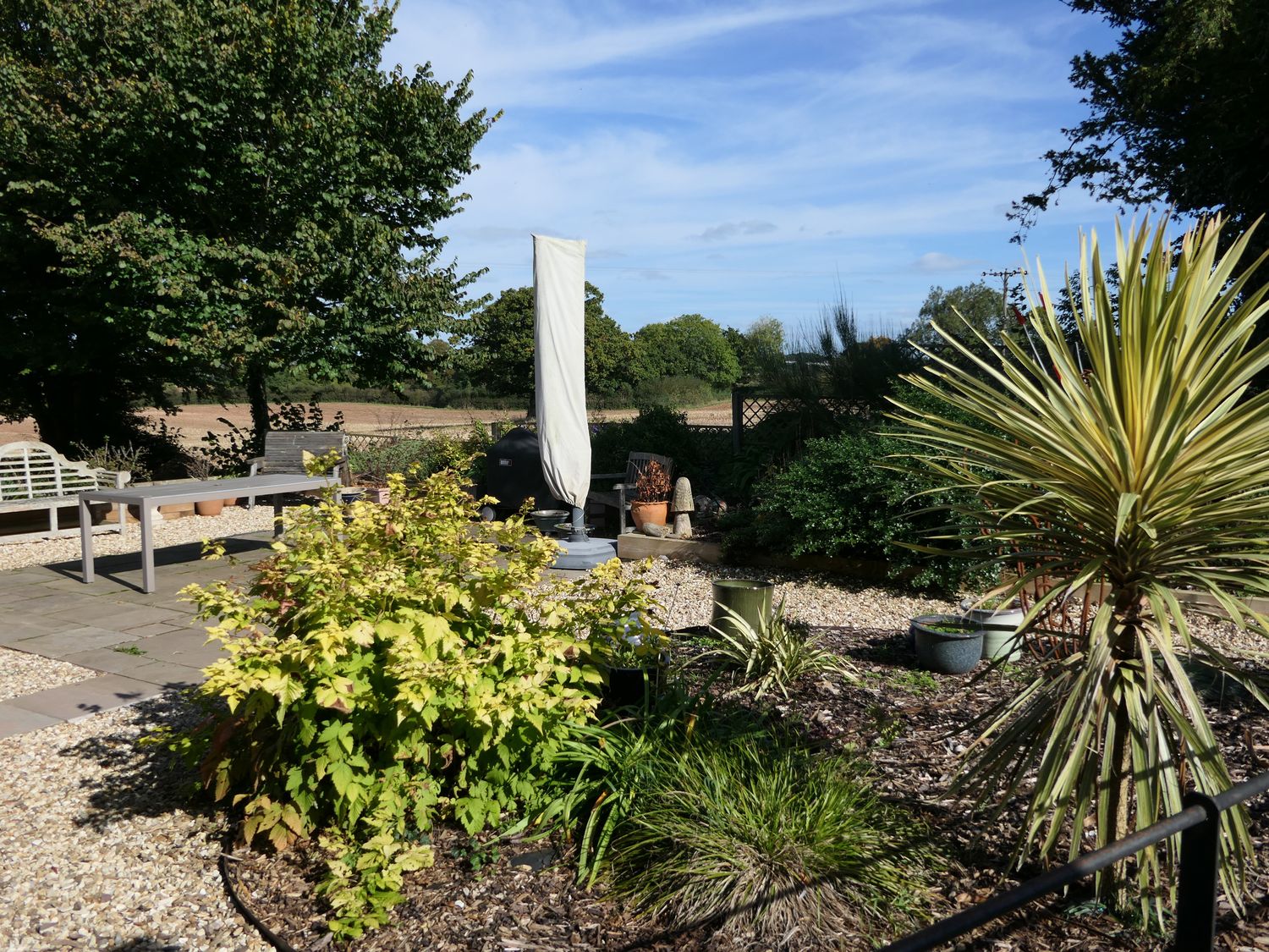 A garden area with plants tables and chairs under a partly covered umbrella at Hope House Stables in Witheridge