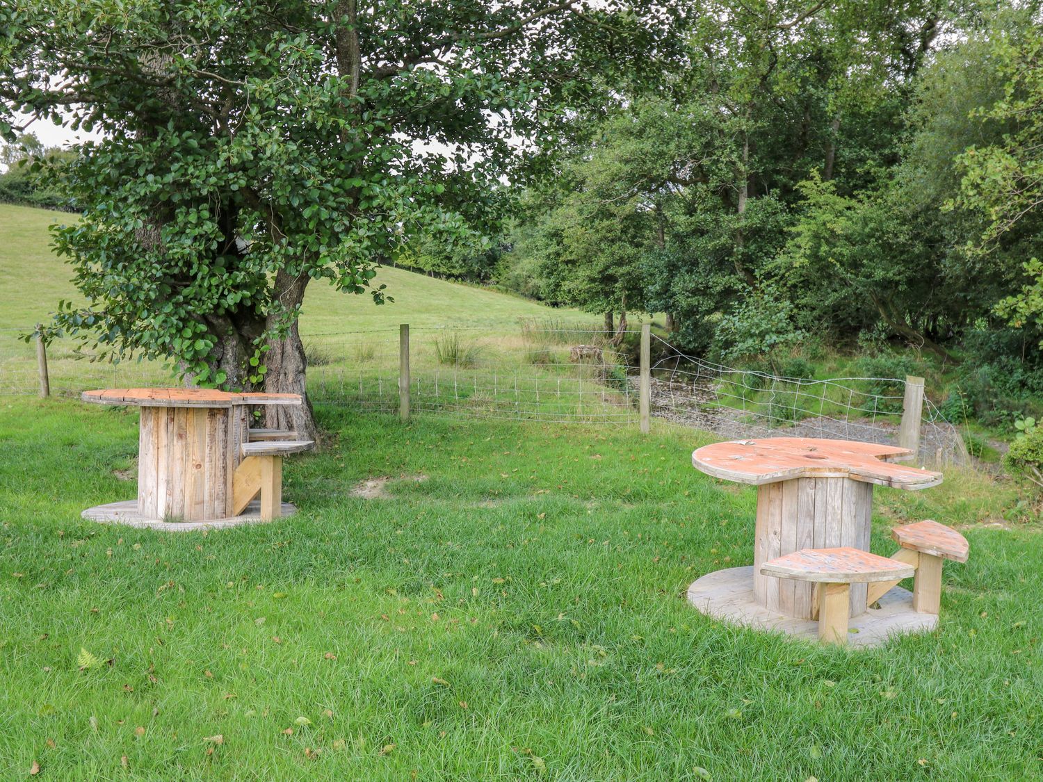 Two wooden cable spool tables with attached seats on grass near a tree and a wire fence at The Heron in Nantmel near Rhayader