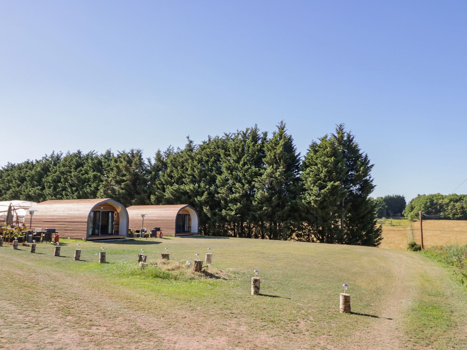 Two wooden cabins on grass near a line of trees in a rural area at Ailsa Craig in Hillhampton Great Witley