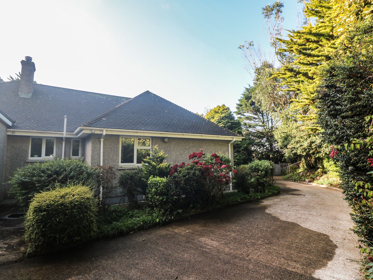 A house with a sloped roof and windows surrounded by bushes and trees with a driveway at Yngywidden in Rosudgeon