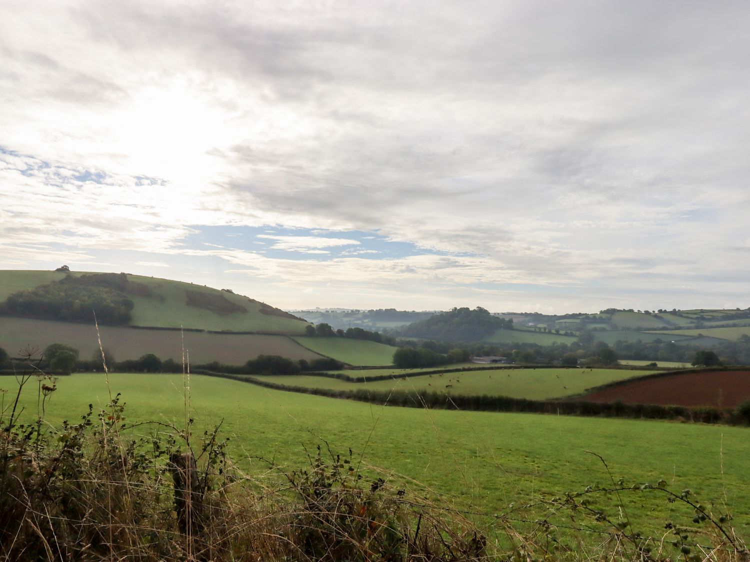 A countryside landscape with green fields hills and cloudy sky at 3 Caddaford Barns Buckfastleigh