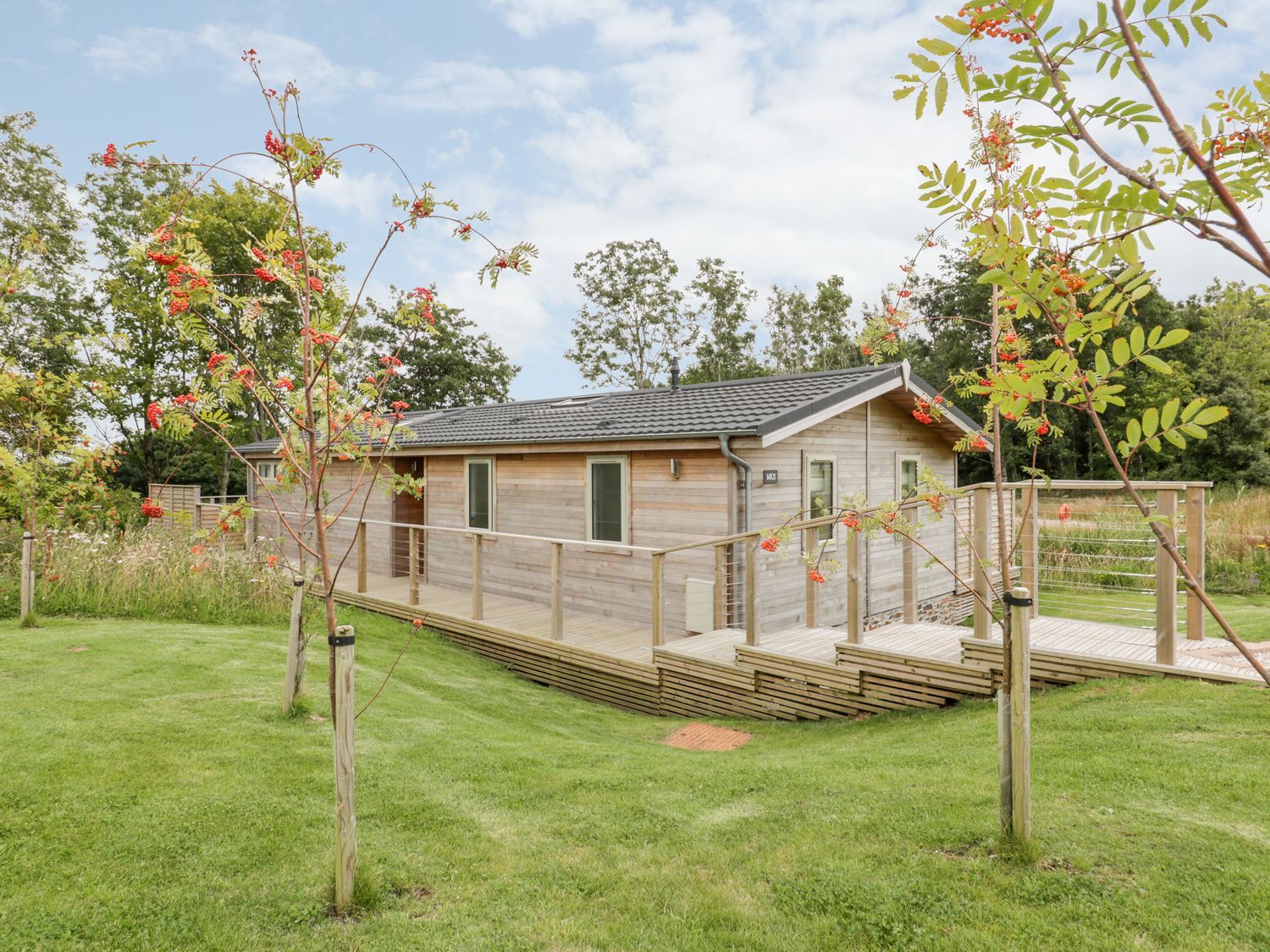 A wooden cabin with a deck surrounded by small trees and grass at 21 Meadow Retreat in Dobwalls
