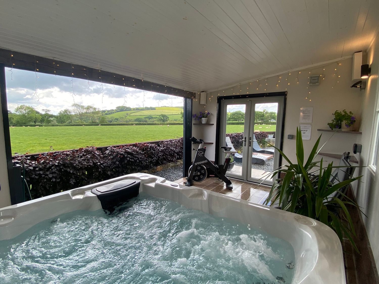 An indoor room with a hot tub spinning bike plants and double glass doors opening to an outdoor area with loungers and green fields at Ashlea in Launceston