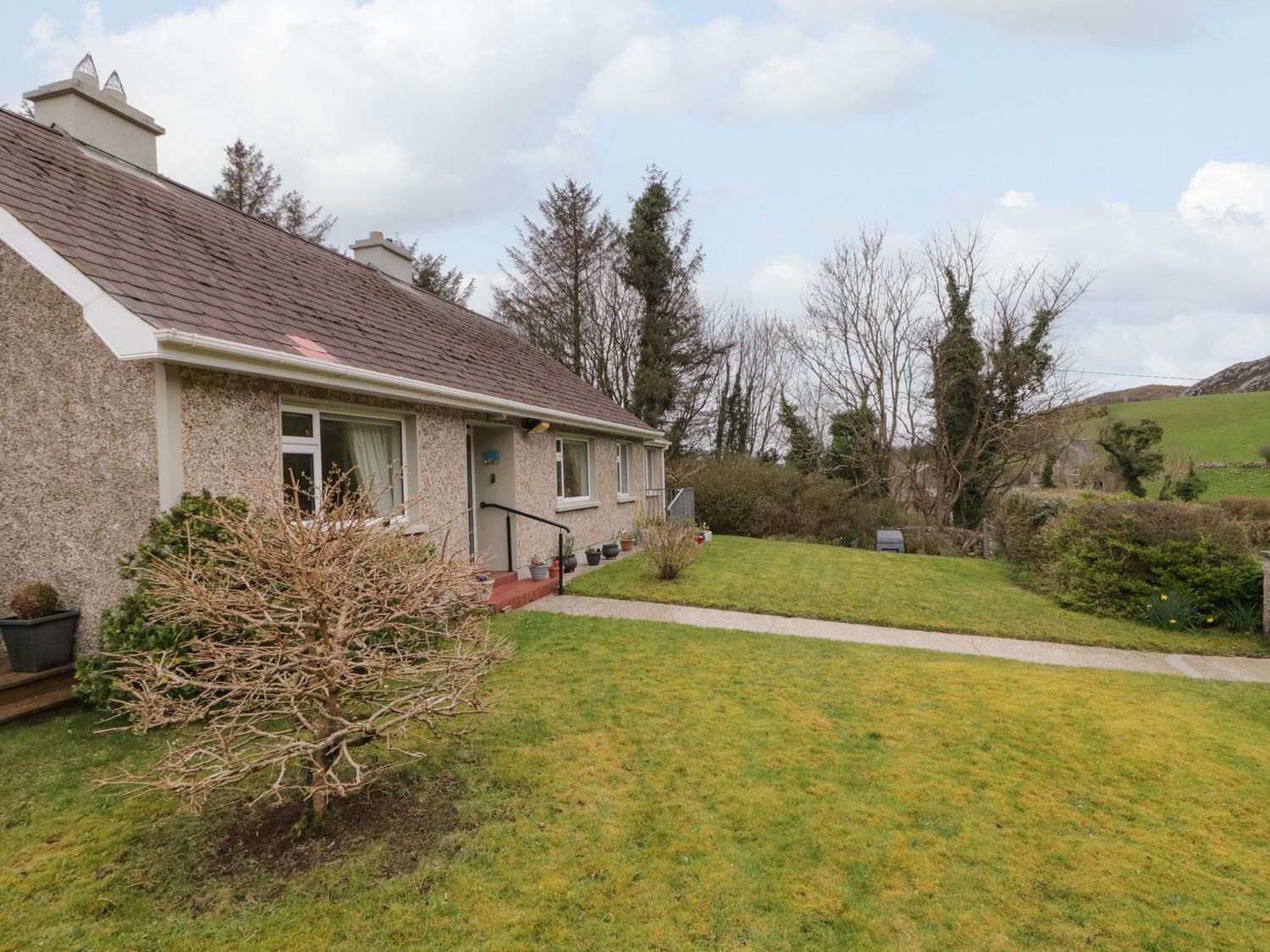 A house with a sloped roof and a garden with grass bushes and trees at James Neills Cottage Ballylar near Downings