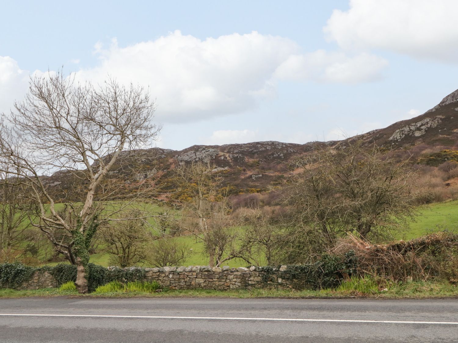A rural road with a stone wall a few leafless trees and hills in the background at James Neills Cottage in Ballylar near Downings