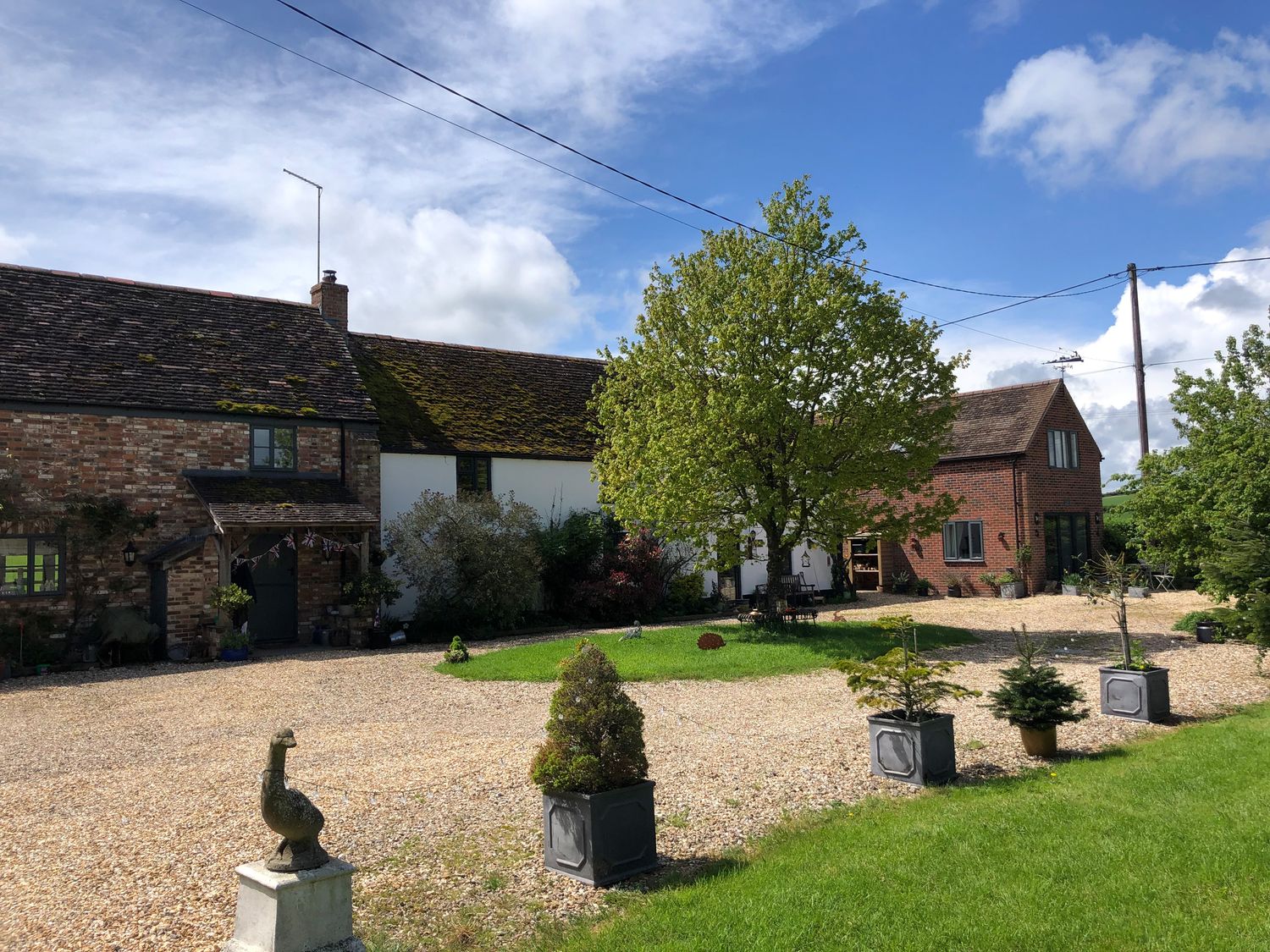 A gravel driveway with potted plants leading to a group of brick and white cottages with trees around at Little Stables Cottage in Spetisbury