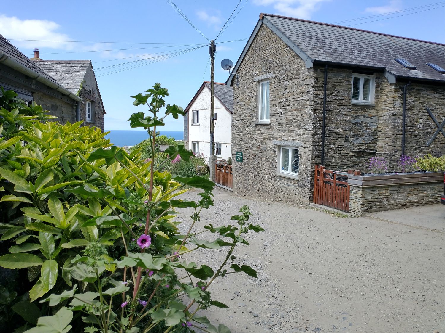A gravel road with stone cottages and plants in a village near the sea at The Mill in Trethevy near Tintagel