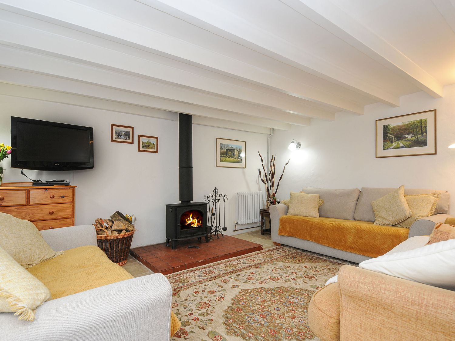 A living room with sofas a rug a wood burning stove and a television at Henwood Barn Henwood near Upton Cross