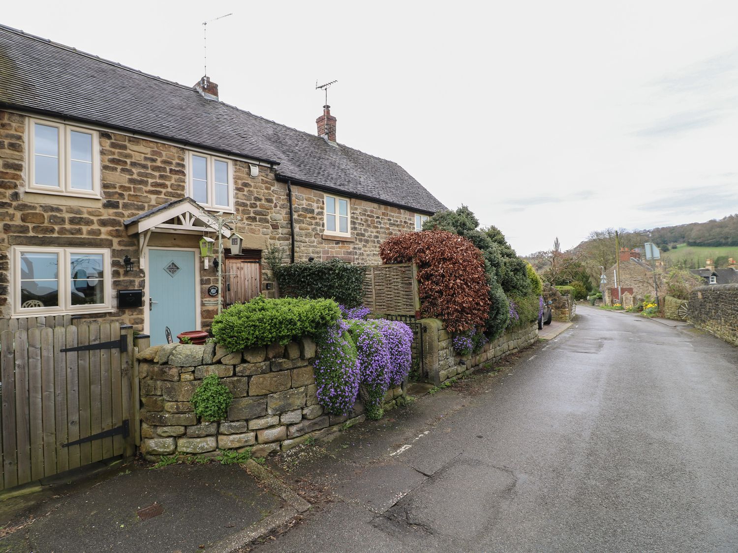 A stone cottage with a blue door and garden with bushes and flowers next to a quiet road at Clematis Cottage in Fritchley near Crich