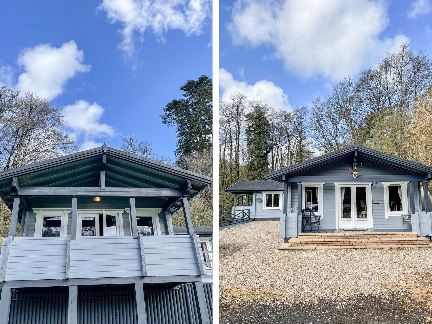 A grey wooden cabin with a porch and gravel driveway surrounded by trees at Valley Lodge in Oakfordbridge near Bampton