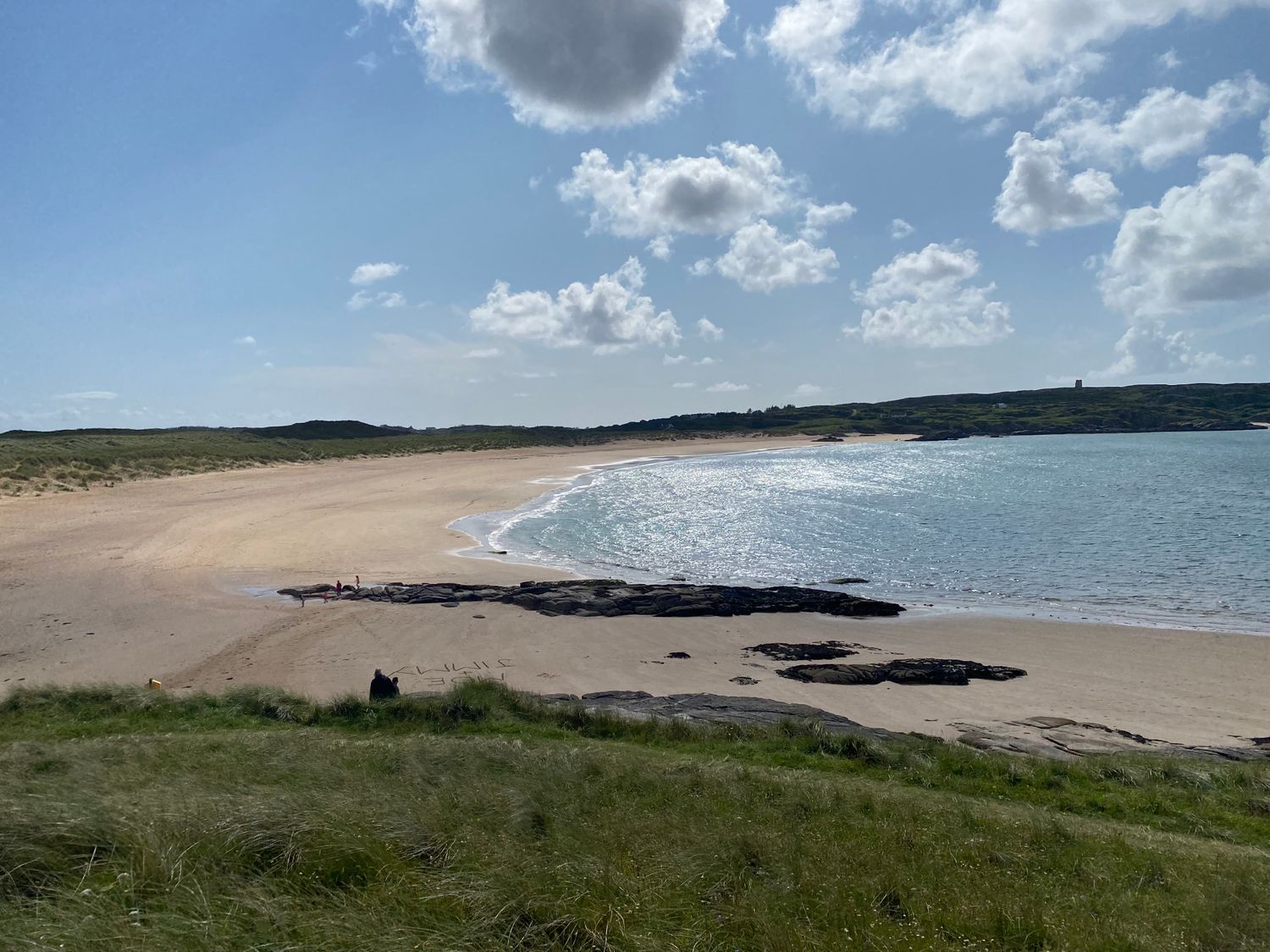 A beach with sand and rocks next to the sea under a sky with clouds at Kincasslagh near Annagry County Donegal