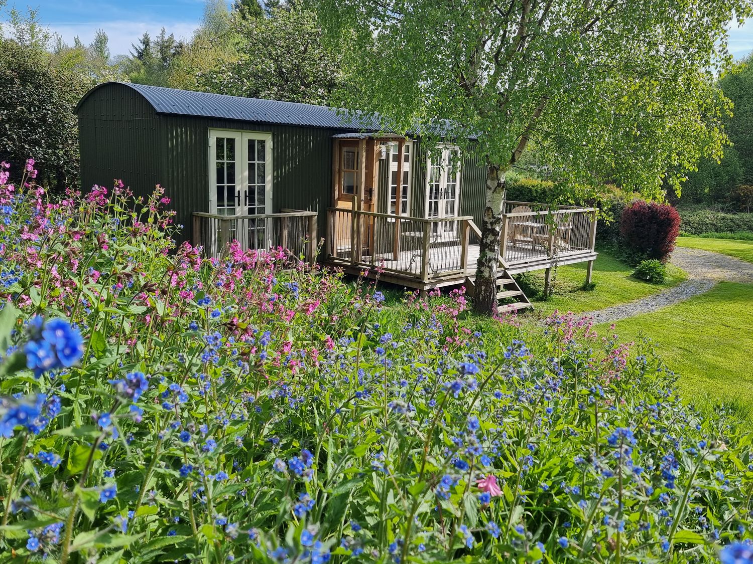 A green cabin with a wooden deck surrounded by grass and colorful flowers at Mucklewick Hollow in Minsterley near Bishops Castle