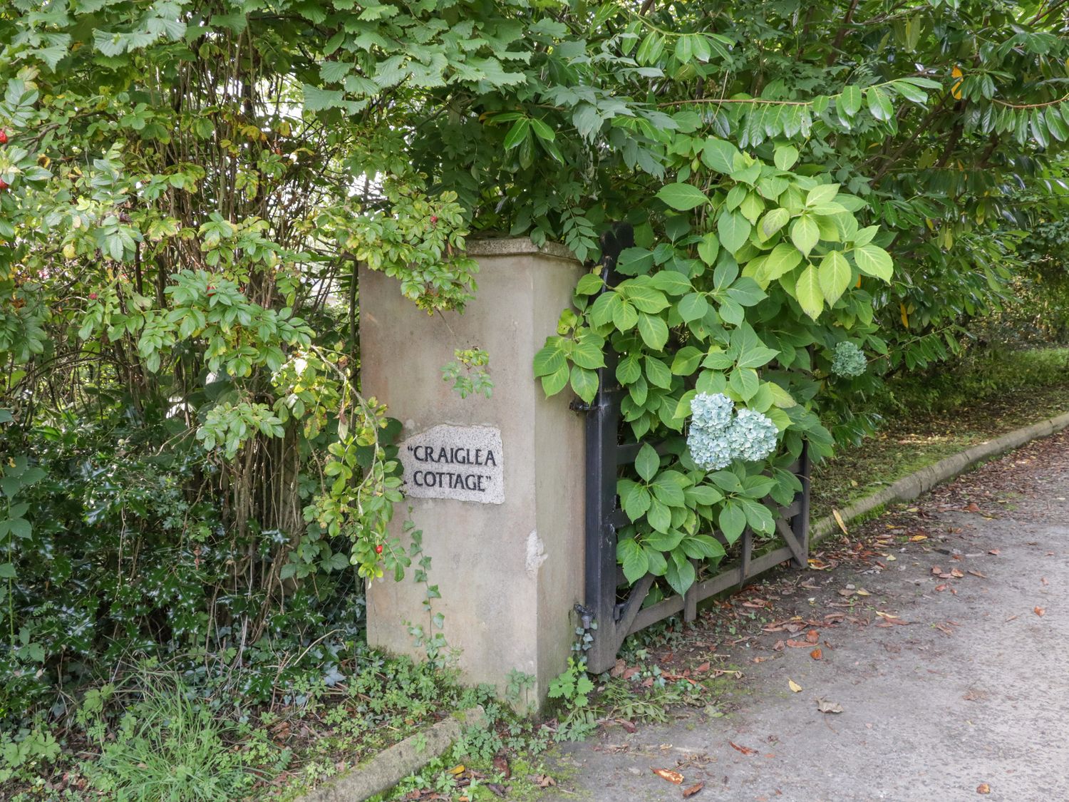 A driveway entrance with a stone pillar and a sign that reads Craiglea Cottage surrounded by green foliage and flowers at Craiglea Cottage in Killeague near Coleraine
