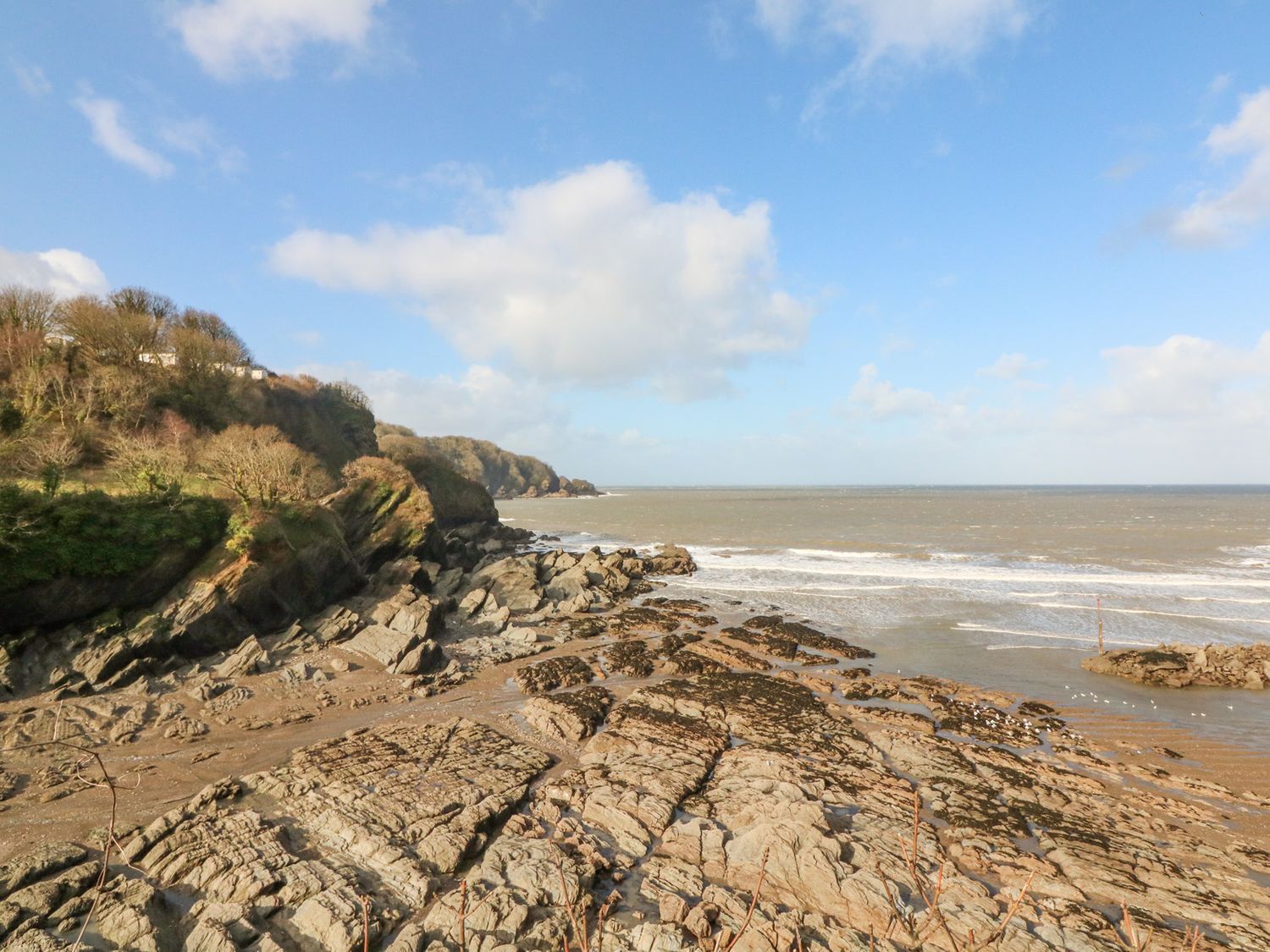 A rocky coastline with cliffs trees and the sea under a partly cloudy sky at Horizon in Combe Martin