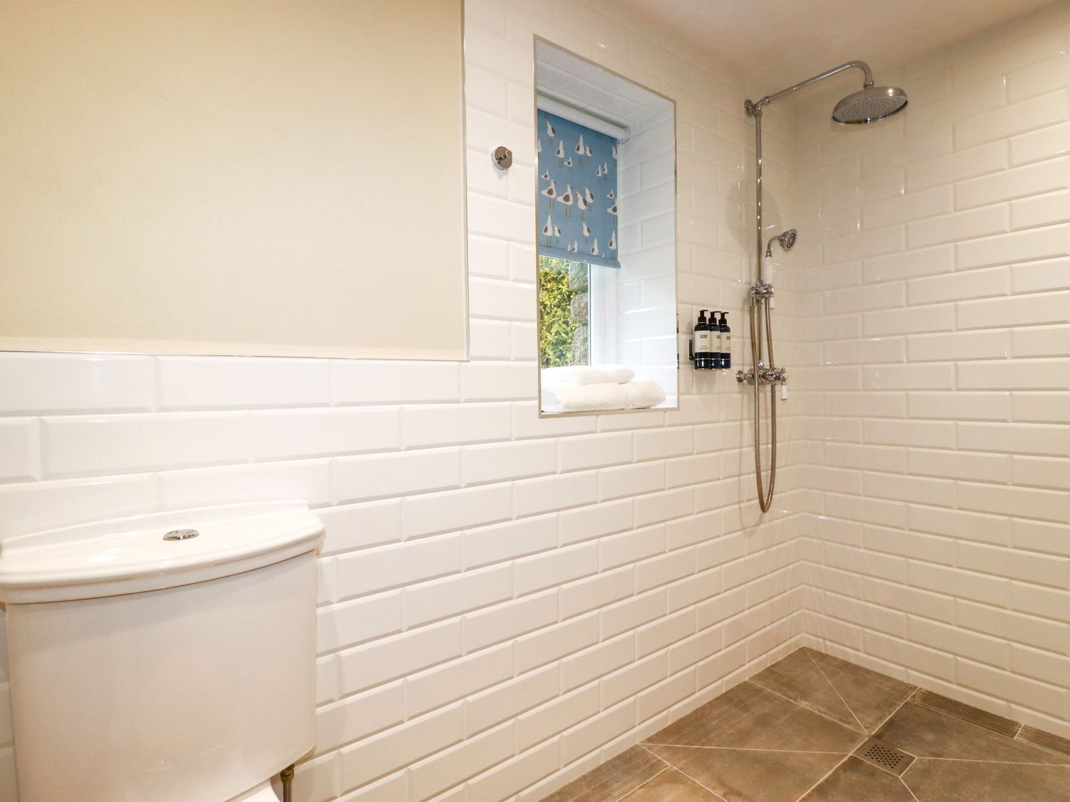 A bathroom with a toilet a walk-in shower with wall-mounted bottles and a window with a blue blind at Tretoil Farm House in Bodmin