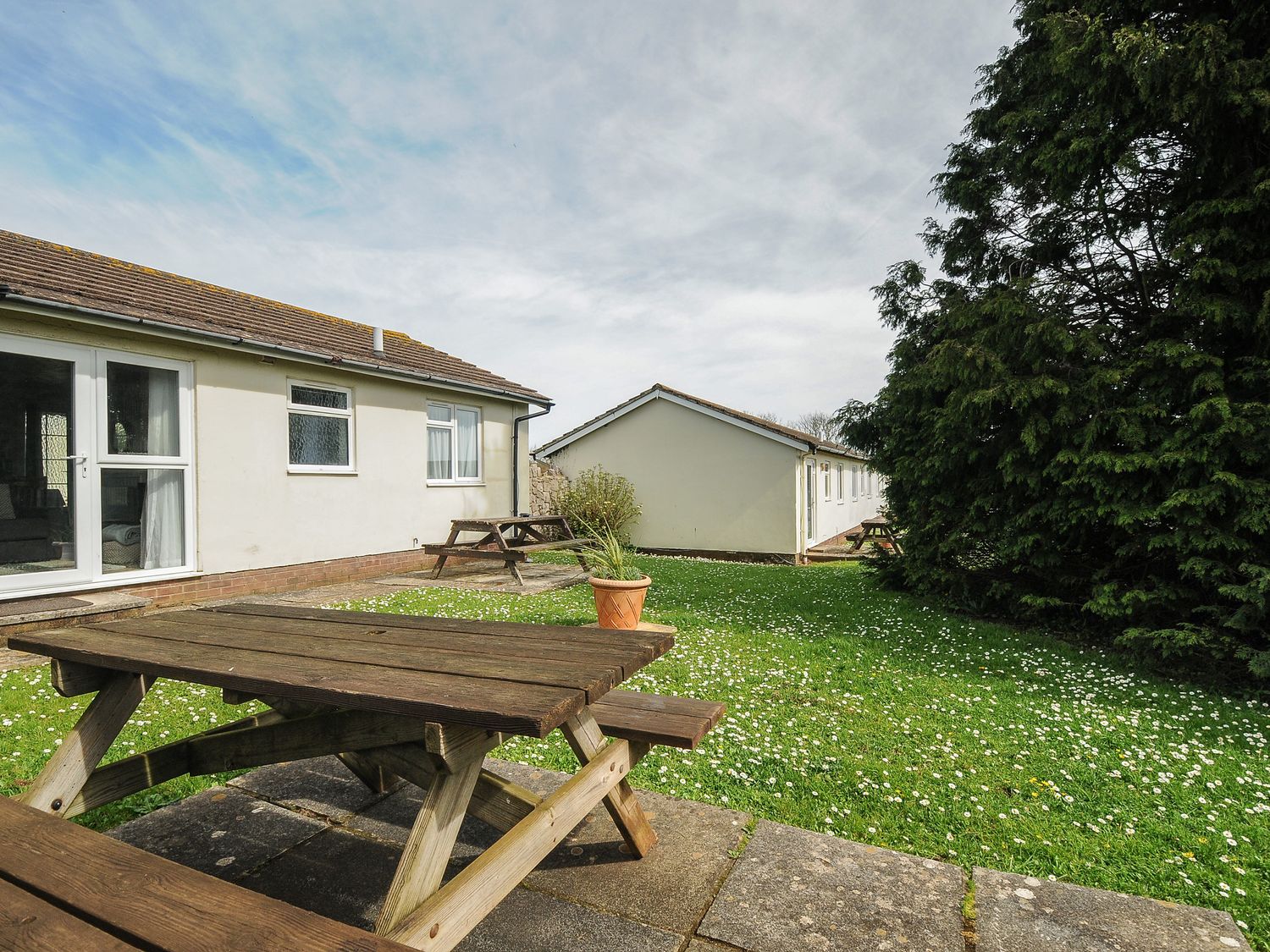 An outdoor area with wooden picnic tables on grass and concrete near white buildings with windows and a large tree at Chalet 27 at Landscove Holiday Park in Brixham