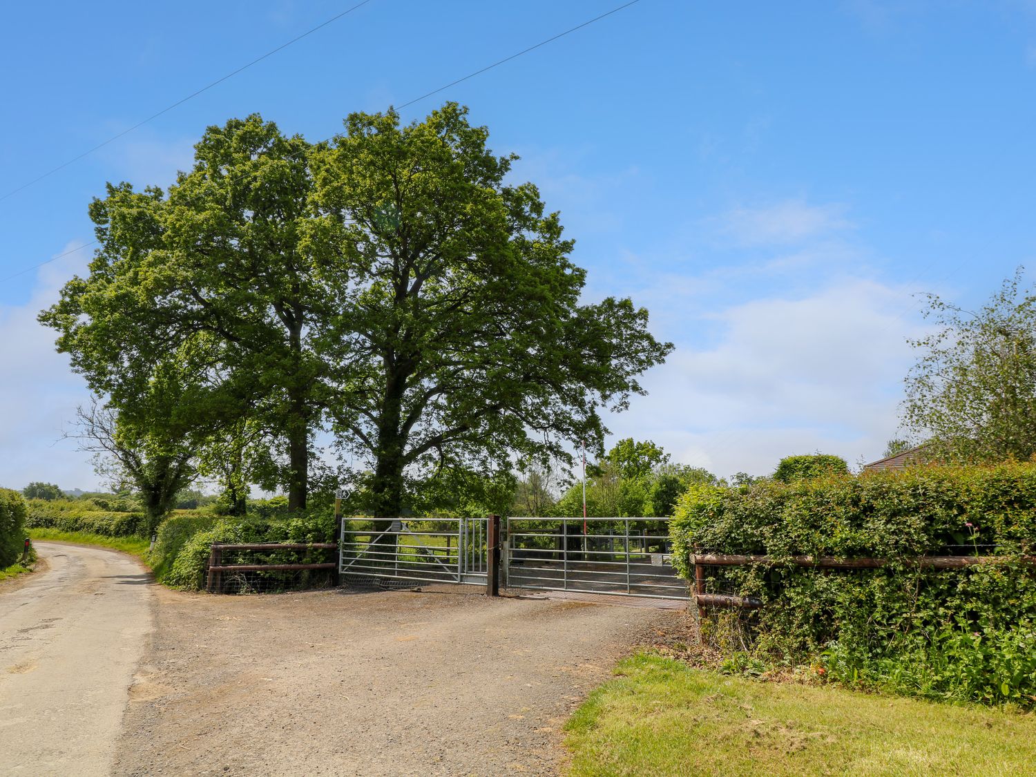 A country road leading to metal gates with large trees and hedges on either side at Monument View in Hawkesbury Upton