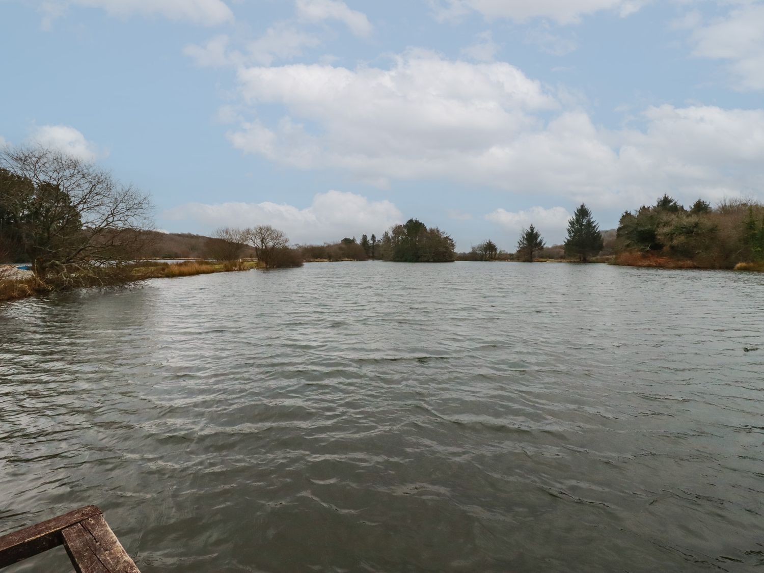 A lake with trees around the edges under a cloudy sky at Kingfisher Lodge in Treverbyn near St Austell