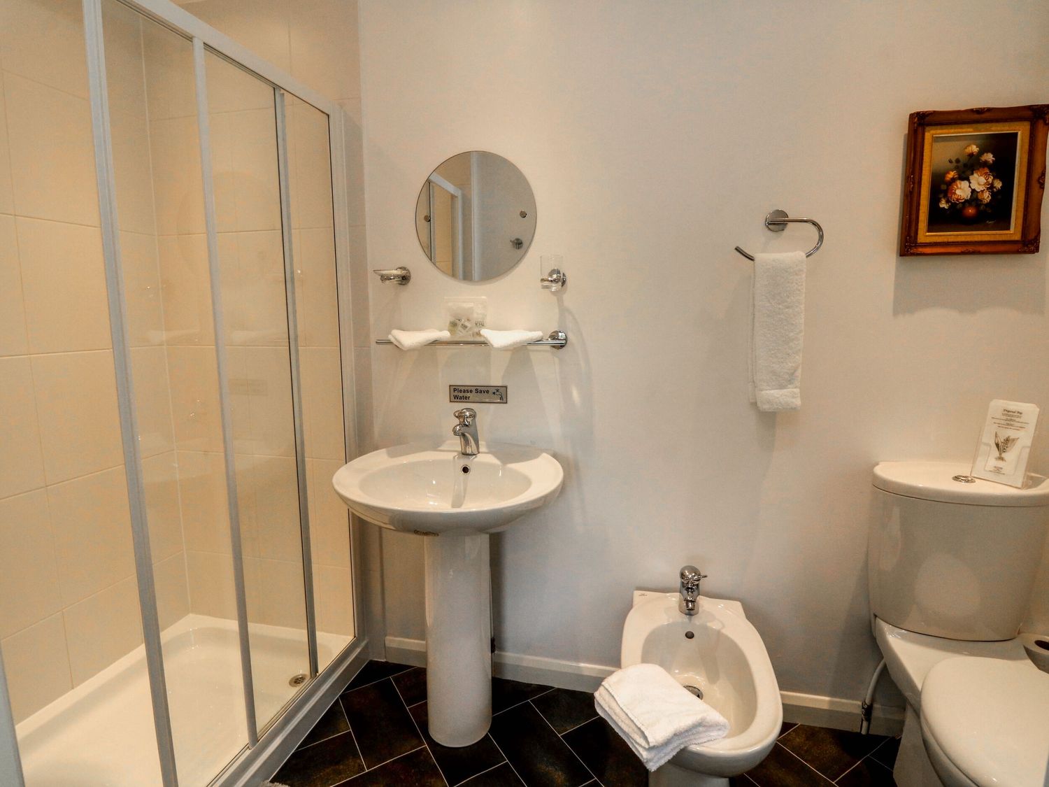 A bathroom with shower enclosure sink bidet toilet and towel at Little Willesleigh in Goodleigh near Barnstaple