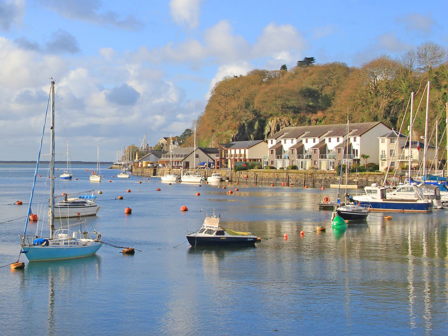 A harbor with several sailboats moored near waterfront buildings and a forested hill at 1 Oakley Wharf in Porthmadog