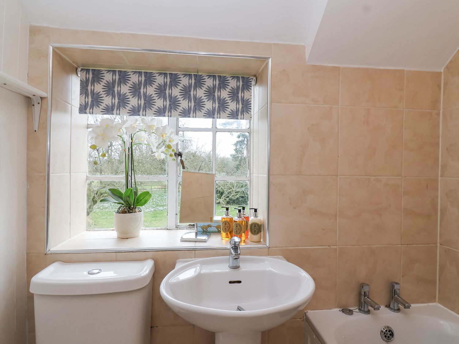 A bathroom with a toilet sink and bathtub under a window with a potted plant soap bottles and a small mirror at Little Lemhill Farm Cottage in Lechlade-On-Thames