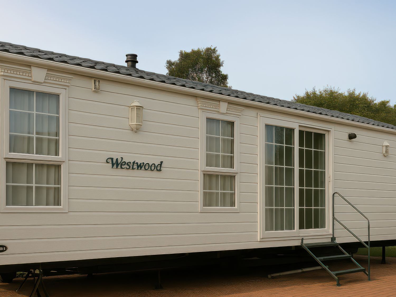 A mobile home exterior with a door and windows at Combe Haven Holiday Park - Holiday Accommodation 12122 St. Leonards-on-Sea