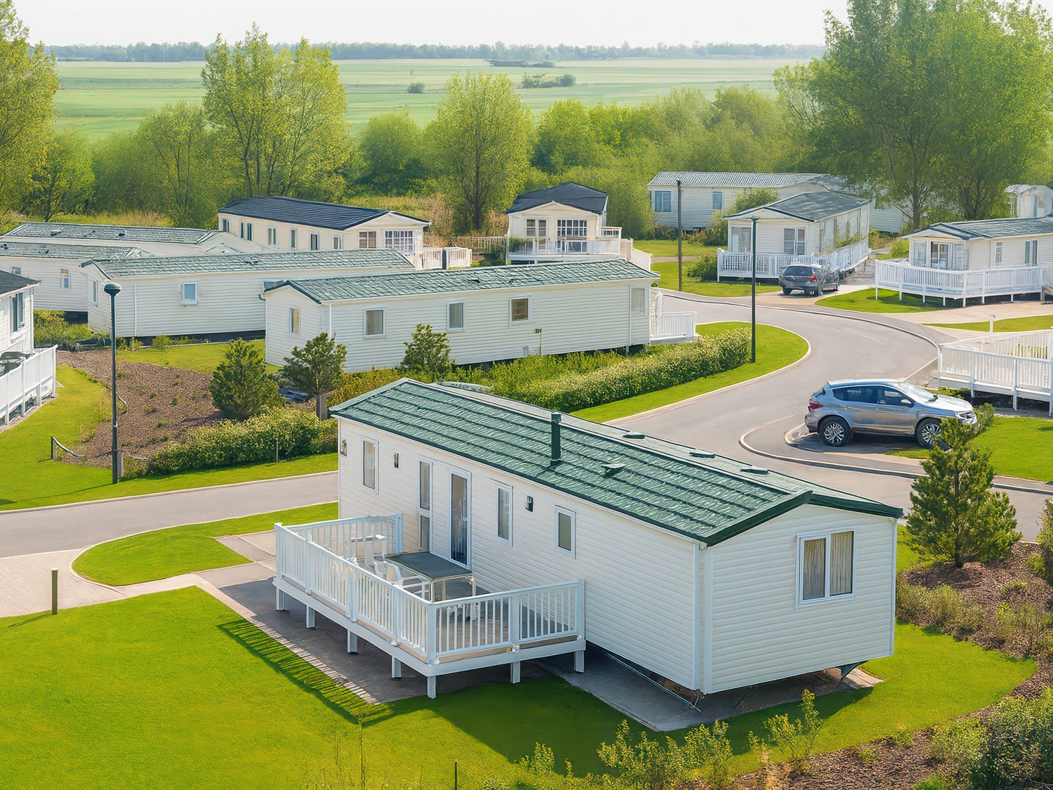 A mobile home with a deck in an outdoor area at Marton Mere Holiday Village - Holiday Accommodation 17890, Blackpool