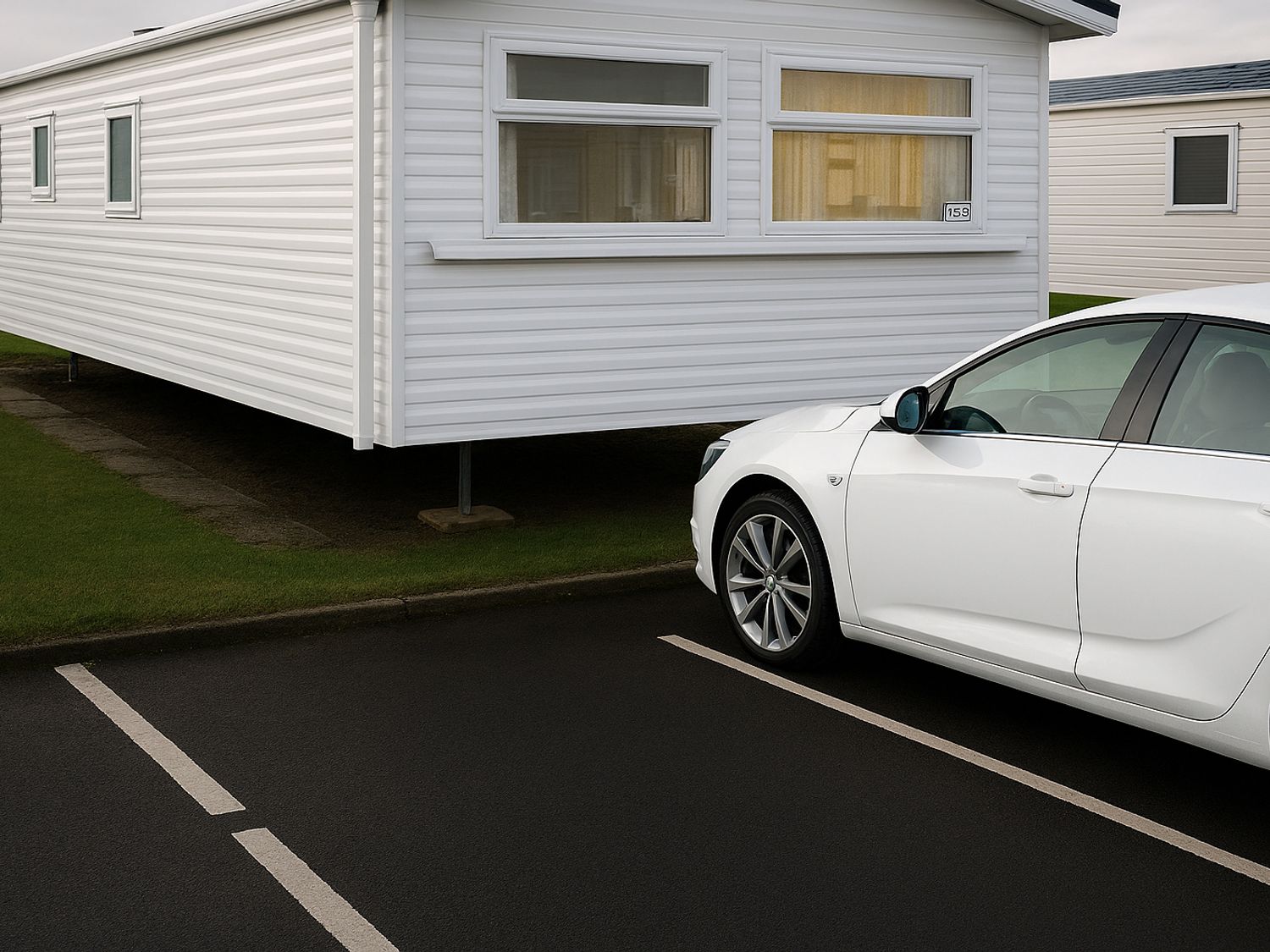 A static caravan with a parked white car at Whitley Bay Holiday Park - Holiday Accommodation 19754 Whitley Bay
