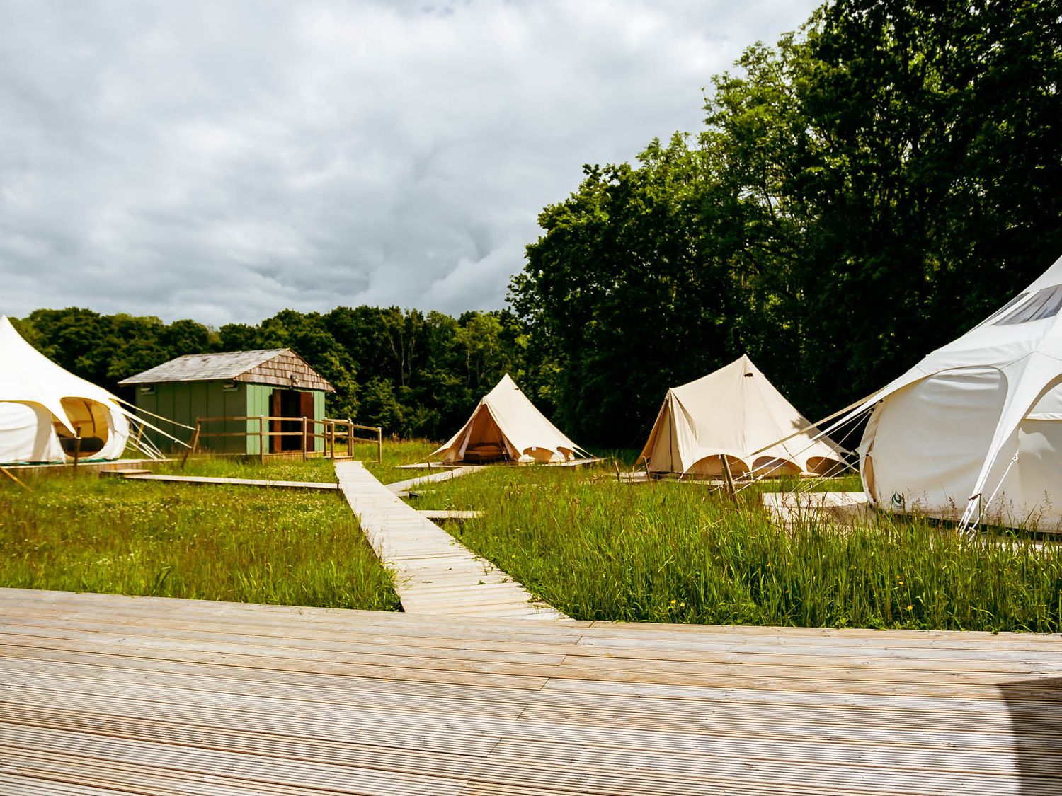 An outdoor area with tents and a cabin surrounded by grass and trees at 