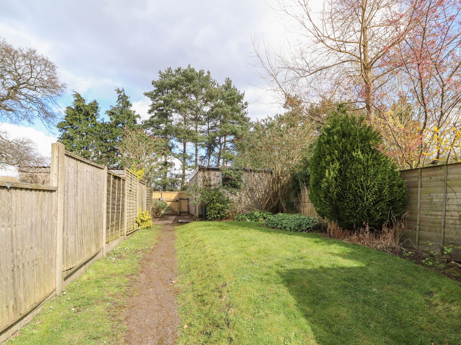 A garden with a grass lawn a narrow dirt path wooden fences and trees at 2 Organsdale Cottages Kelsall near Chester